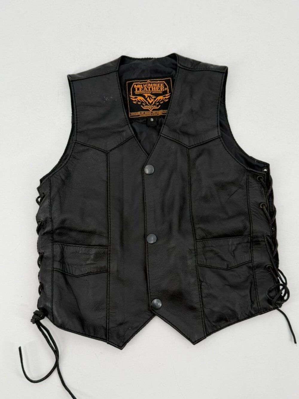 Milwaukee Leather Kids Boys Leather Vest Black Motorcycle Biker Snap Laces Small